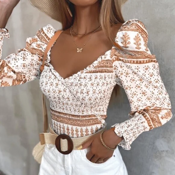 Boho Floral Puff Long Sleeve Crop Top - Picture 4 of 7